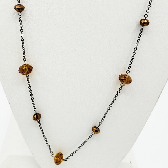 Dainty Long Necklace | Dark Chain Amber-tone Beads - Picture 6 of 8